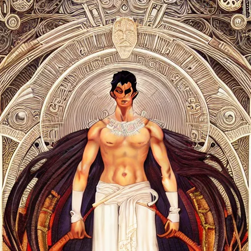 Prompt: Peruvian male god wearing a white perizoma, intricate, elegant, highly detailed, digital painting, artstation, concept art, smooth art, sharp focus, illustration, art by artgerm and greg rutkowski and alphonse mucha and loish and WLOP