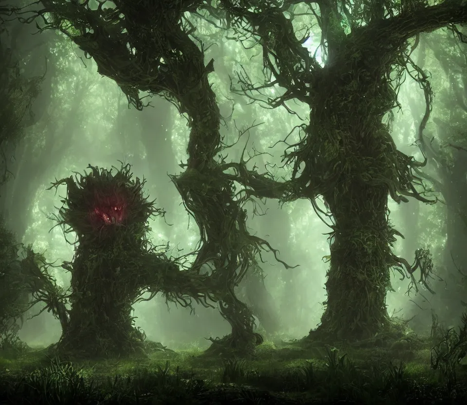 Prompt: A Tree as a monster in a glowing magical swamp, firefly, fantasy, Unreal Engine, trending on artstation, digital art.