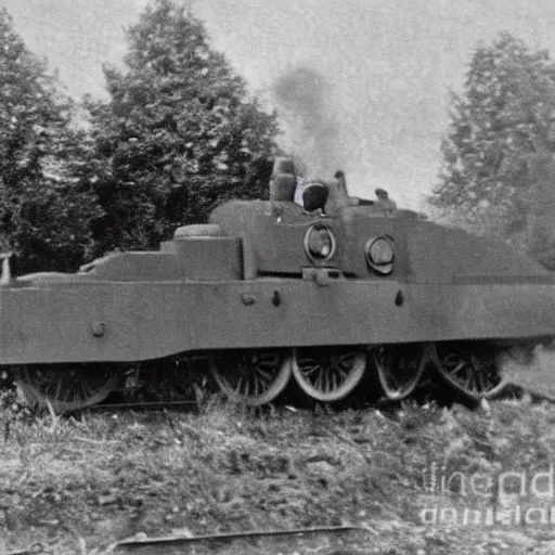 Image similar to WW2 era photograph of 800mm German artillery Dora from WW2 with with face of Thomas the Tank Engine