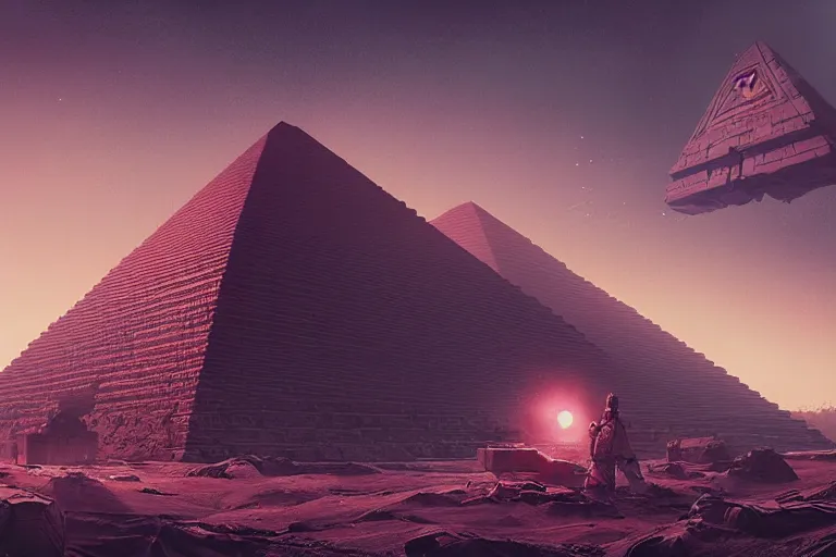 Image similar to ancient pyramids, cyberpunk art by mike winkelmann, trending on cgsociety, retrofuturism, reimagined by industrial light and magic, darksynth, sci - fi