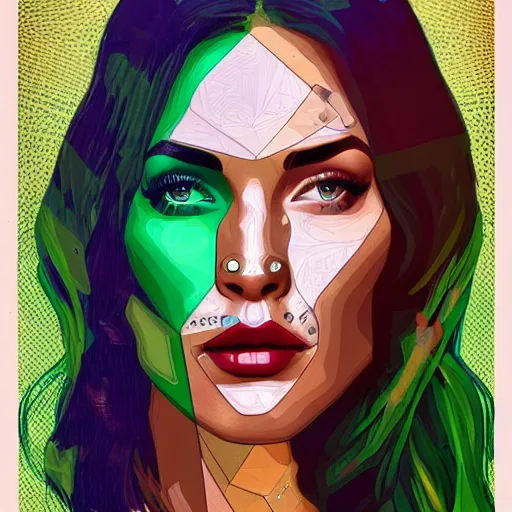 Prompt: Megan Fox as gamora (Guardians of the Galaxy) by Sandra Chevrier, Alphonse Mucha, beeple, Pi-Slices and Kidmograph, beautiful digital illustration