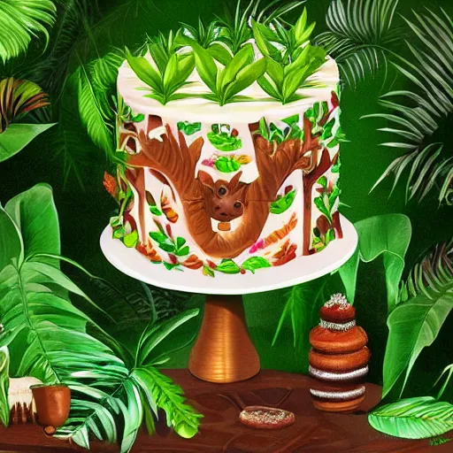 Prompt: jungle cake, ultra realistic, ultra detailed, lush, beautiful, digital art,