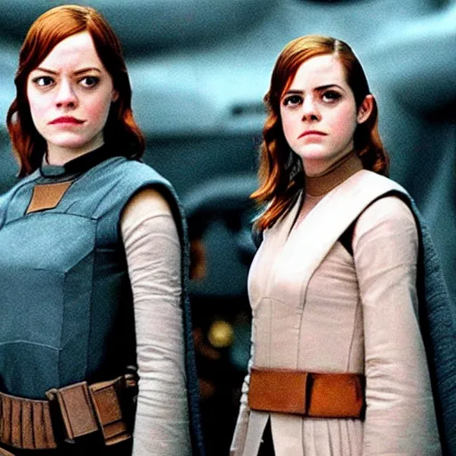 Image similar to emma stone and emma watson in Star Wars, movie still