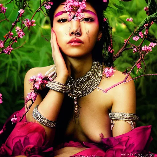 Prompt: photography of the asian queen sitting in the flower thorn, beautiful face, masterpiece costume, jewellery, high quality, elegant, emotionally touching, cool, deep gaze, mystery, tenderness, david lachapelle style