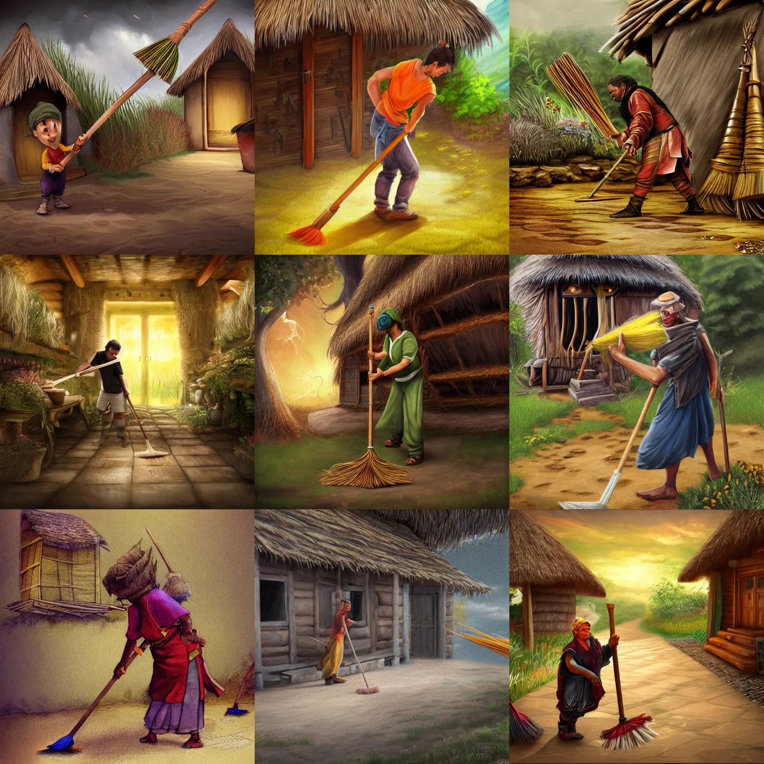 Prompt: fantasy art of nobody holding a broom sweeping the floor of a hut, photorealistic