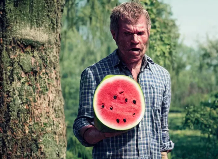 Image similar to film still of a man with a watermelon for a head in the new horror movie, 4 k