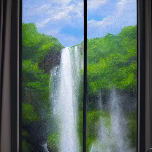 Image similar to an hyper - realist oil painting of waterfalls from the empire state building's windows, from below, wide angle, water falling from the windows, new york background, detailled, sharp focus, realistic, trending on artstation, cg society, 8 k, unreal