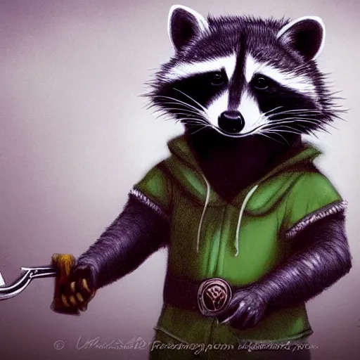 Prompt: a raccoon in a green, hooded rouge outfit holding dagger, wearing an ambulate, trending on art station