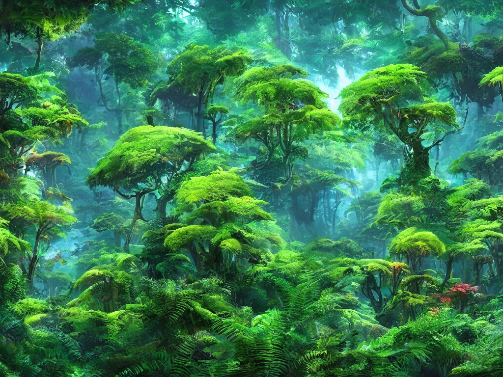 Prompt: a beautiful otherworldly fantasy landscape of dense lush ferns and evergreen trees in hyper detail like the pacific northwest, vivid glowing colors, extreme detail, studio ghibli and pixar and abzu, rendering, cryengine, deep colors, aerial perspective, epic scale, vray render, cgsociety