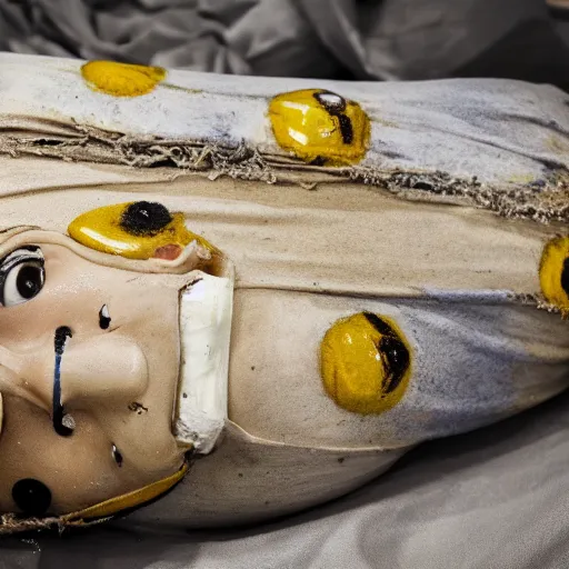 Image similar to photograph of a disgusting decomposing minion mummy lying in its sarcophagus, highly detailed