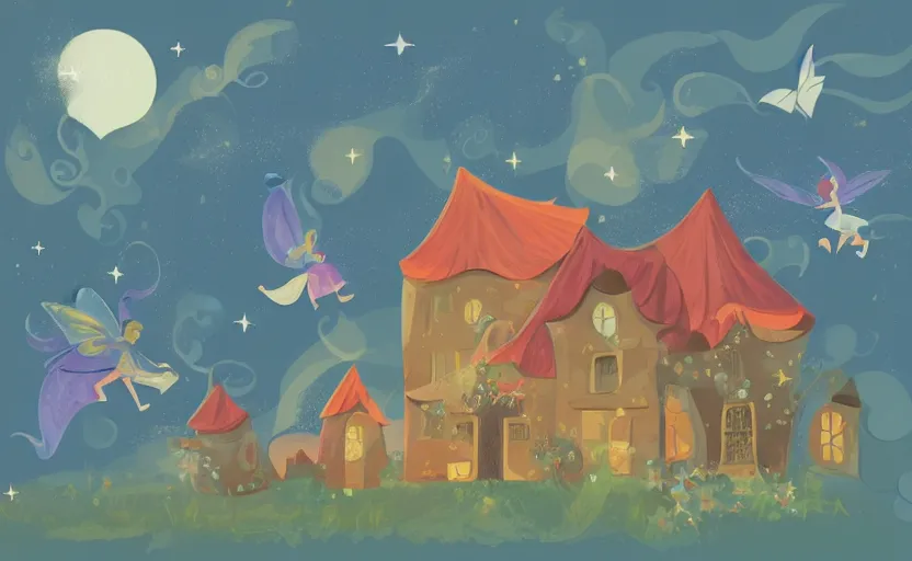 Prompt: magical farmhouse, fairies flying, vector, storybook, muted colors, gouache, flat, sharp edges, print