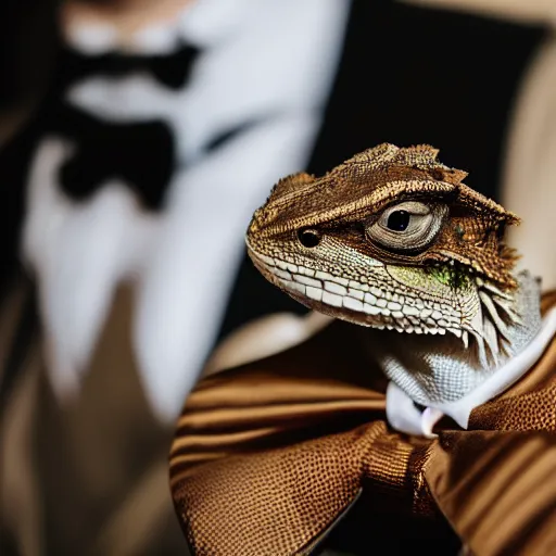 Image similar to dslr portrait still of a bearded dragon wearing a top hat and bow tie, 8 k 8 5 mm f 1. 4