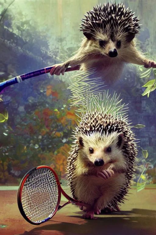 Image similar to A hedgehog playing tennis. colorlpunk art and illustration by tian zi and craig mullins and WLOP and alphonse mucha, fantasy, intricate complexity, hyperrealism 8k