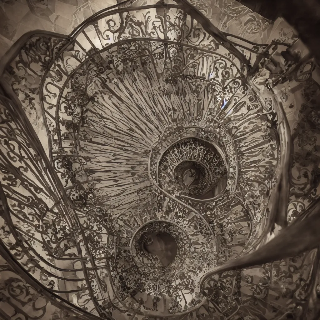 Image similar to a realistic art - nouveau spiral staircase. dark stairs. tall building, seen from the top. realistic shadows. detailed, octane render, hyperrealistic, very coherent, hyper realism, high detail, octane render, 8 k