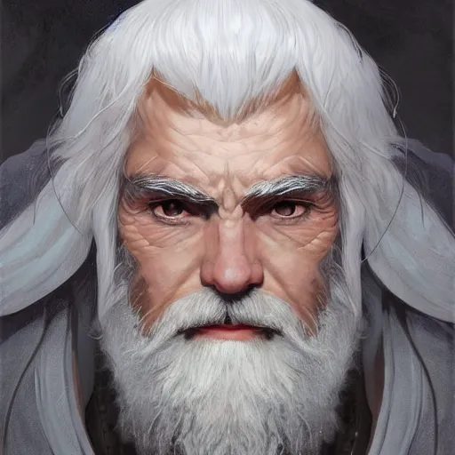 Prompt: old male archmage, large bushy eyebrows, white and gold robes, short white beard, short white hair, D&D, fantasy, intricate, elegant, highly detailed, digital painting, artstation, concept art, smooth, sharp focus, illustration, art by artgerm and greg rutkowski and alphonse mucha