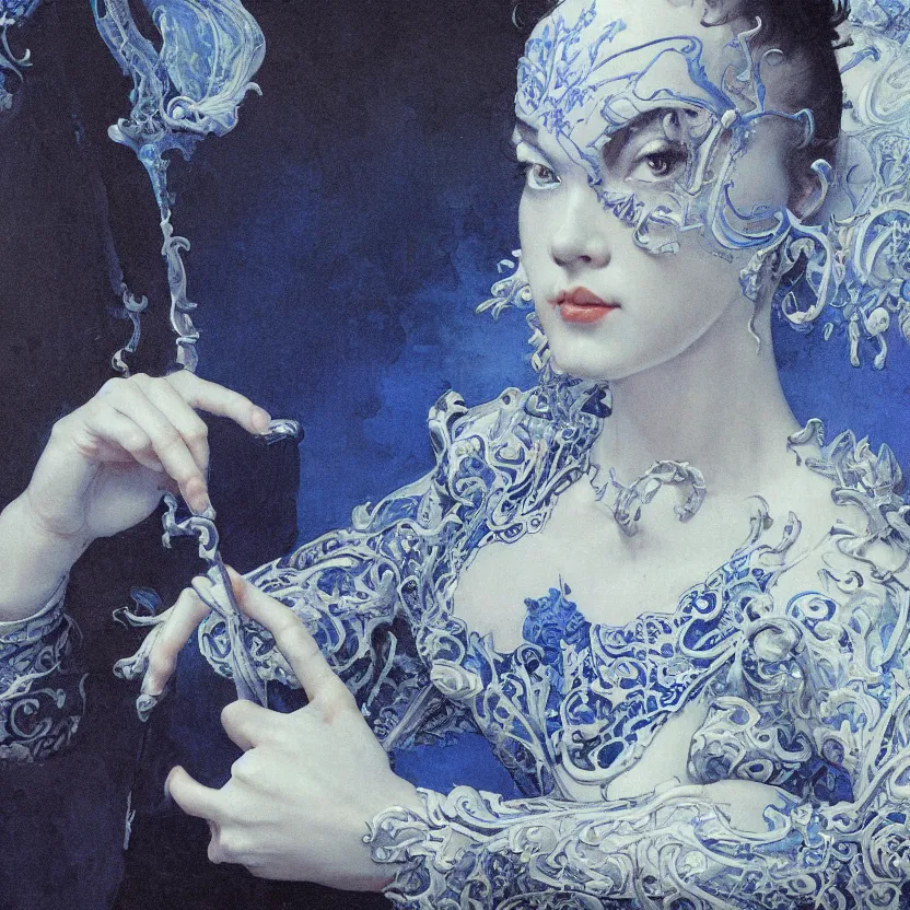 Image similar to a dark baroque close - up portrait of an ornate blue and white porcelain being made out of white vitrified translucent ceramic ; china. reflective detailed textures. gloomy black background. highly detailed fantasy science fiction painting by moebius, norman rockwell, frank frazetta, and syd mead. rich colors, high contrast. artstation