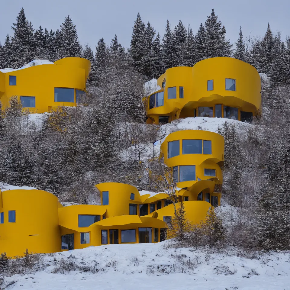 Prompt: a mid-century modern house on top of a cliff in the arctic, covered with snow, designed by Frank Gehry, with a long pathway toward it. Big tiles. Film grain, cinematic, yellow hue