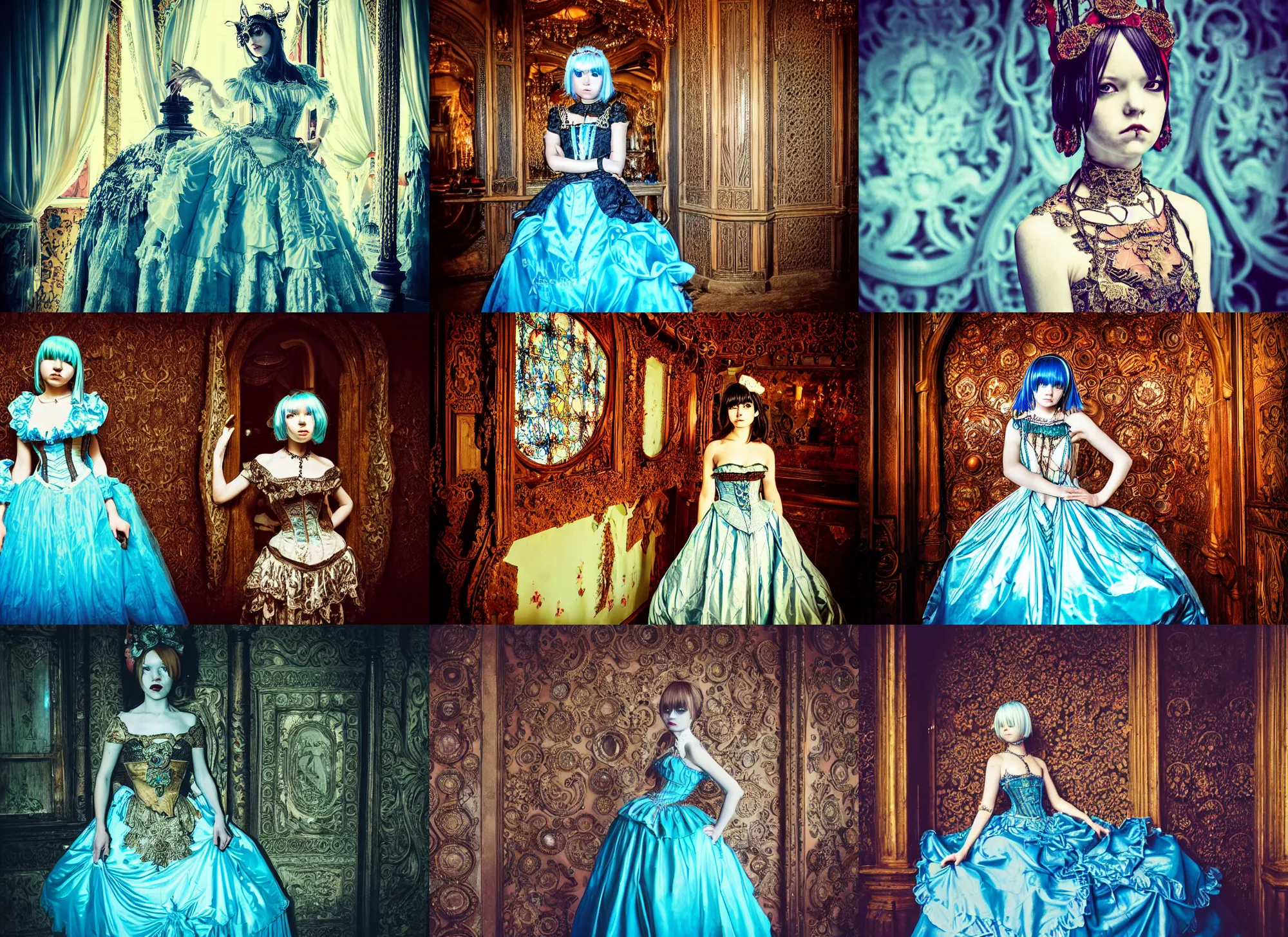 Prompt: lomography, many young women, full body portrait photo of a reol in a wide victorian ballroom interior at a crowded masquerade party, wearing an ornate dress designed by antoni gaudi, moody, realistic, dark, skin tinted a warm tone, light blue filter, hdr, rounded eyes,, detailed facial features