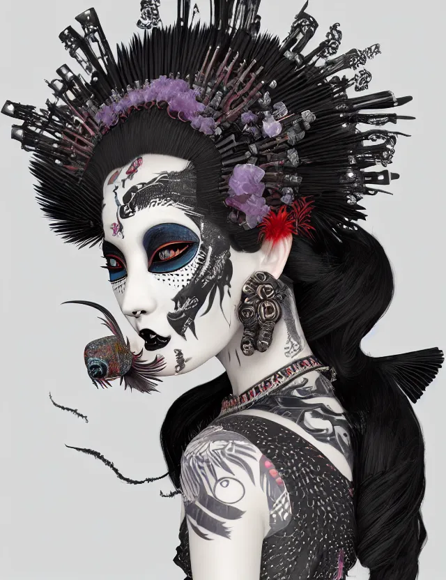 Image similar to 3 d goddess close - up profile portrait punk with mohawk in victorian style with ram skull. beautiful intricately detailed japanese crow kitsune mask and clasical japanese kimono. betta fish, jellyfish phoenix, bio luminescent, plasma, ice, water, wind, creature, artwork by tooth wu and wlop and beeple and greg rutkowski