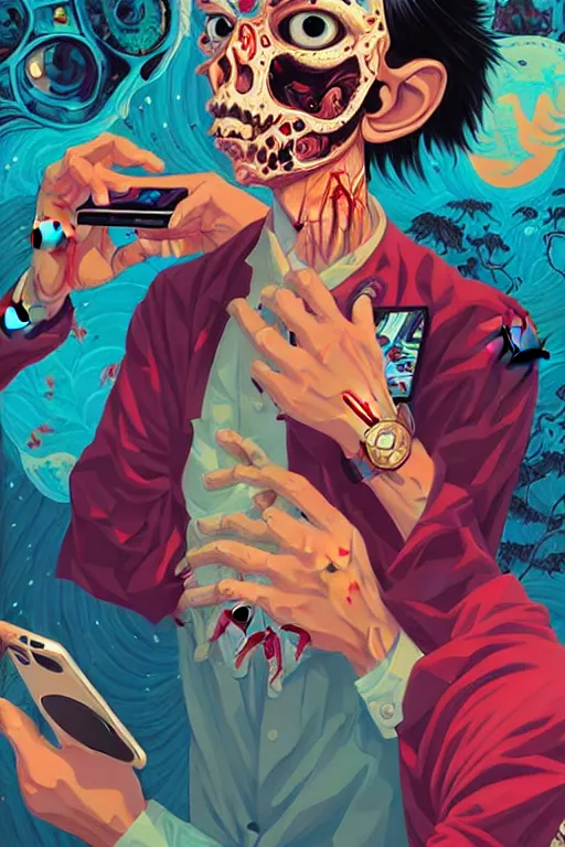 Prompt: a zombie teenager staring at their phone, tristan eaton, victo ngai, artgerm, rhads, ross draws