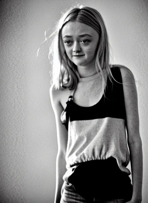 Prompt: aged film still taken of Dakota Fanning dressed in a Nirvana tank-top and blue short shorts while she thinks about her impending death amusingly. soft skin. smooth skin. soft feminine facial features. Pinterest filter. complex detail added after taking the film still at 16K resolution. amazingly epic visuals. epically luminous image. amazing lighting effect, image looks gorgeously crisp as far as it's visual fidelity goes, absolutely outstanding image. perfect film clarity. amazing film quality. iridescent image lighting. Criterion collection. gloriously cold atmosphere. mega-beautiful pencil image shadowing. beautiful face. 16k upscaled image. soft image shading. soft image texture. intensely beautiful image. large format picture. it's a great portrait of the highest quality. Great Pinterest photo. masterfully lit.