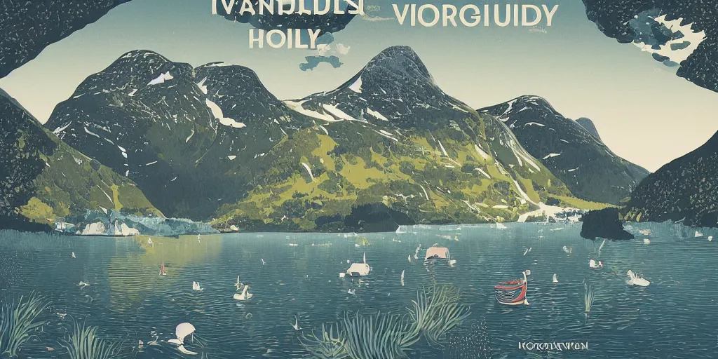 Prompt: beautiful idyllic poster illustration for a norwegian fjord valley national park by ludwig hohlwein, ludwig hohlwein, graphic, clean bold design no text