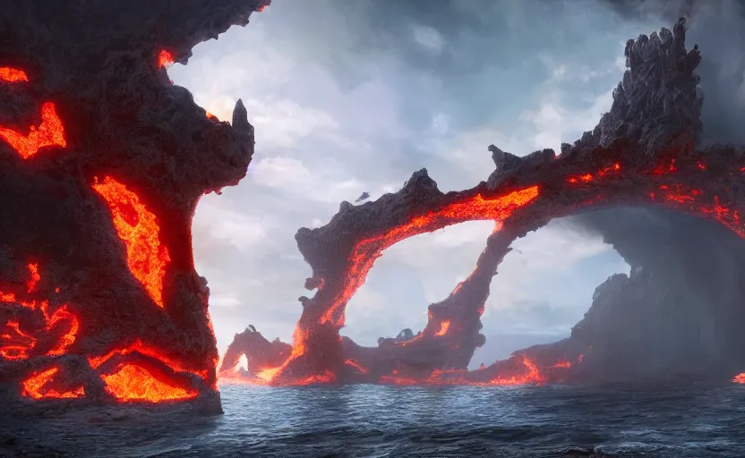 Prompt: a pier made of stone hanging over an ocean of lava in hell, digital landscape art, fantasy concept art, 4k, trending on artstation