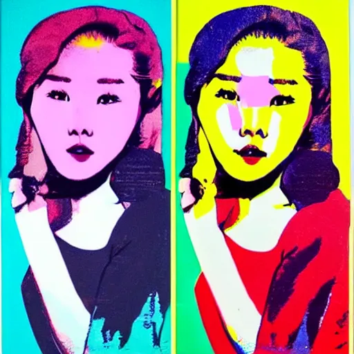 Image similar to popart painting of Hwasa. Mamamoo beautiful singer talented woman. Full body popart cute face. By andy warhol