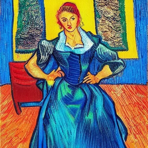 Image similar to an artistic portrait of madonna, high quality, studio photography, colorful, hero, 1 9 8 8, heroic, beautiful, in the style of vincent van gogh