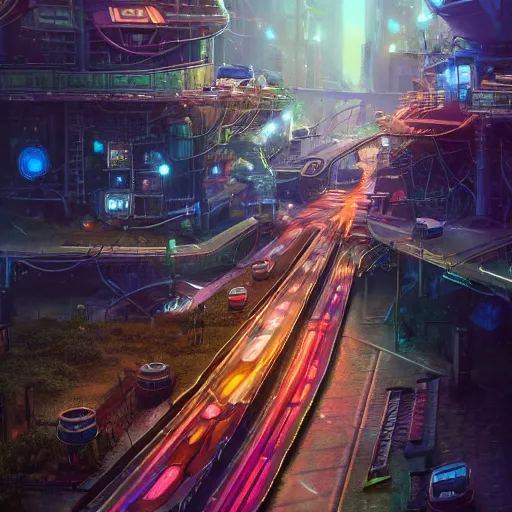 Prompt: a steampunk highway, dense transit, vehicles, electricity lightning, furry, soft, concept art, sharp focus, intricate details, highly detailed, photorealistic, disney pixar, octane render, iridescent, anime, big field of view, 8 k