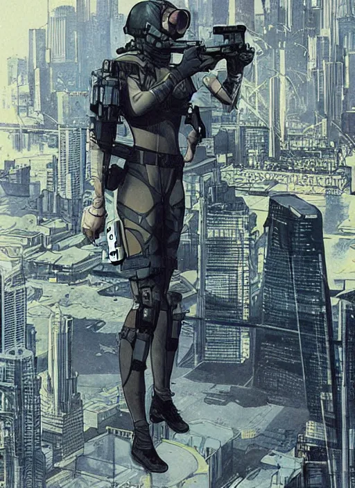 Image similar to Dinah. USN special forces operator looking at city skyline. Futuristic stealth suit. mgs and rb6s Concept art by James Gurney, Alphonso Mucha, matt rhodes, and Sam Hogg.