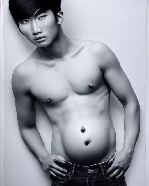 Prompt: Handsome!! young Asian male model showing off his large!!!! pregnant!!!! belly, belly exposed, highly detailed, chiseled jaw, clean shaven, medium length black hair, highly detailed, wearing glasses, hyperrealist pencil drawing