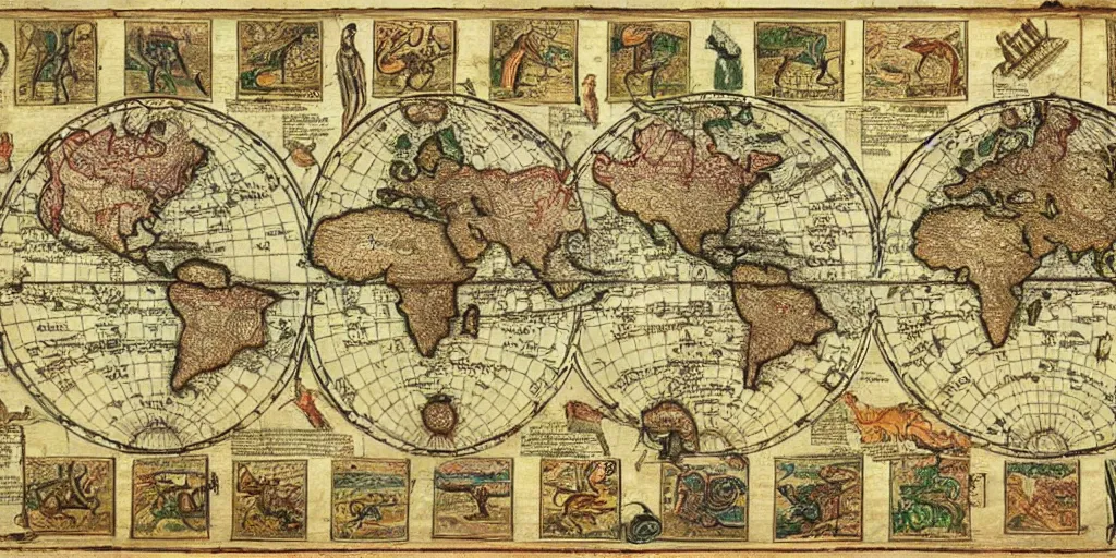 Prompt: insane ancient instructional maps, intricate details, full color,