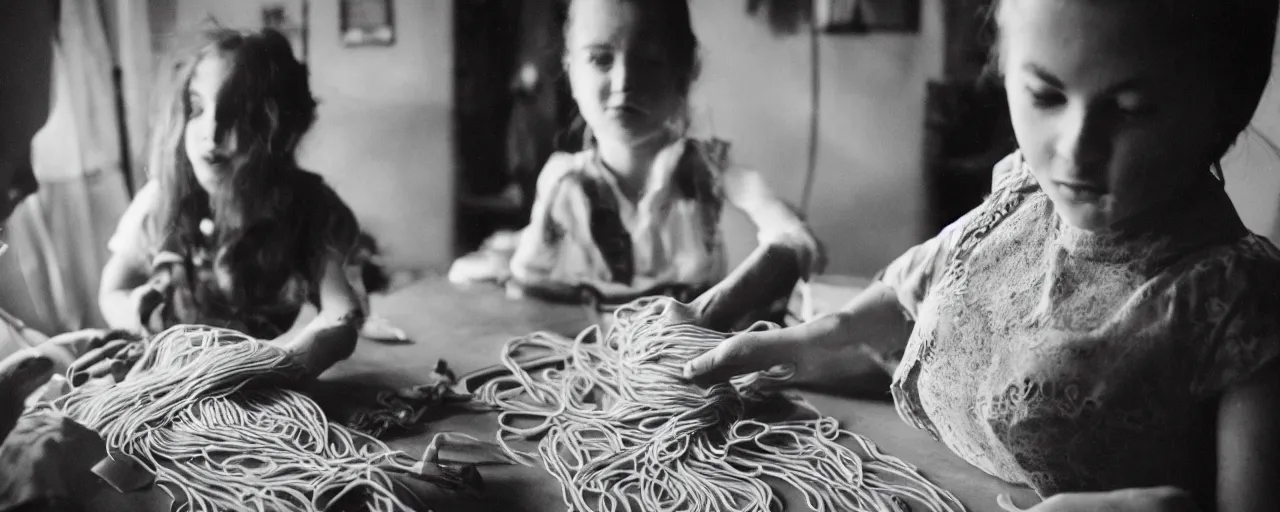 Image similar to a seamstress sewing a dress made of spaghetti, an excited girl in the background, facial expression, canon 5 0 mm, cinematic lighting, photography, retro, film, kodachrome, closeup