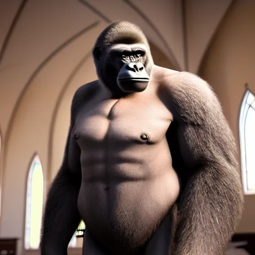 Image similar to big gorilla man terroizing church, 8k cinematic lighting, very sharp detail, anatomically correct