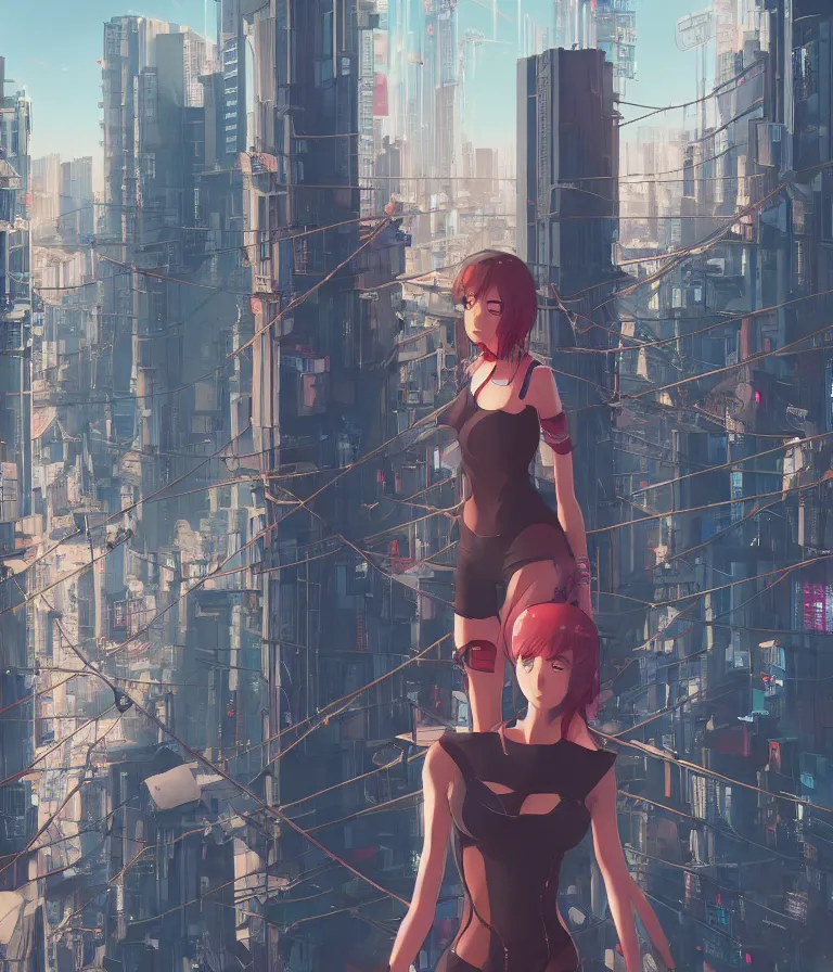 Image similar to a girl stands on top of a multi-storey building, anime style, 4k, cyberpunk city in the background, HD, artstation, very detailed, by Ilya Kuvshinov