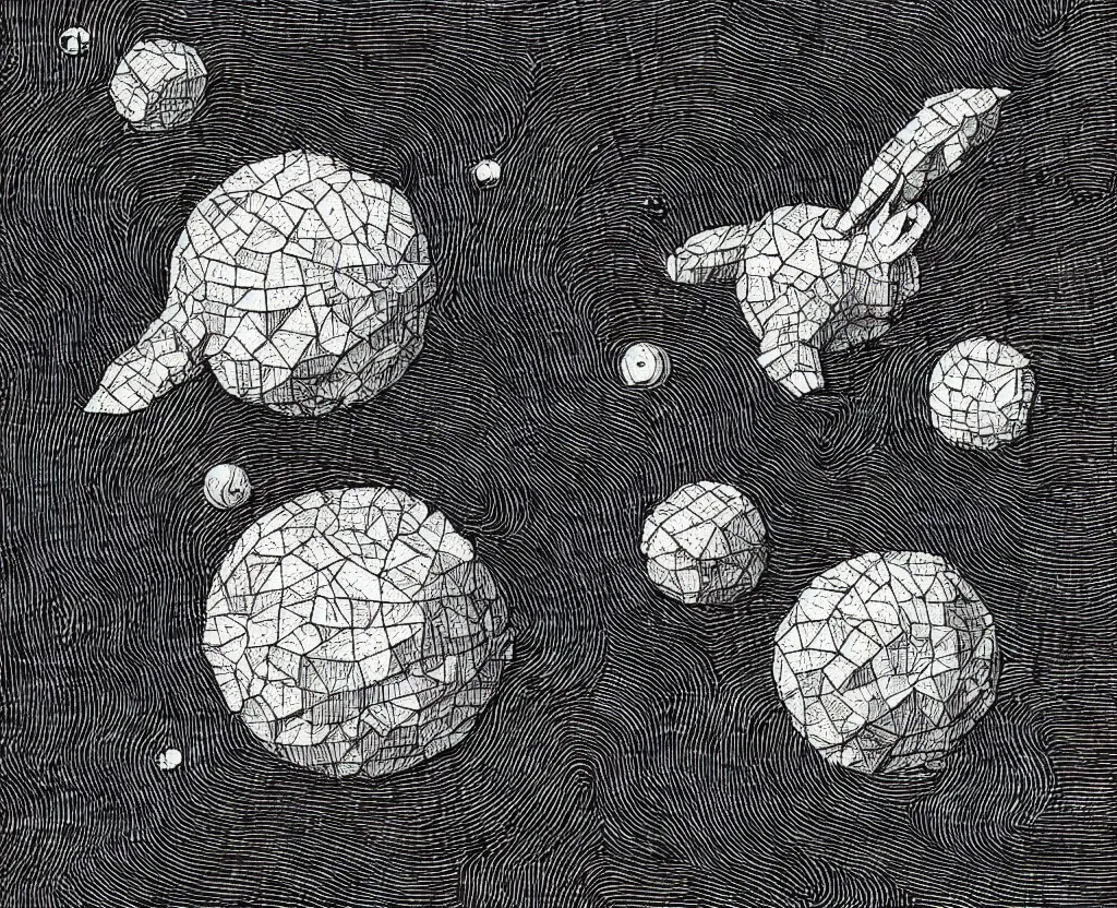 Prompt: Beautiful isometric print of an Asteroid shaped like a Rabbit made out of geometric lego bricks in the darkness of outer space in the style of Albrecht Durer and Martin Schongauer and Hokusai, high contrast!! finely carved woodcut engraving black and white crisp edges