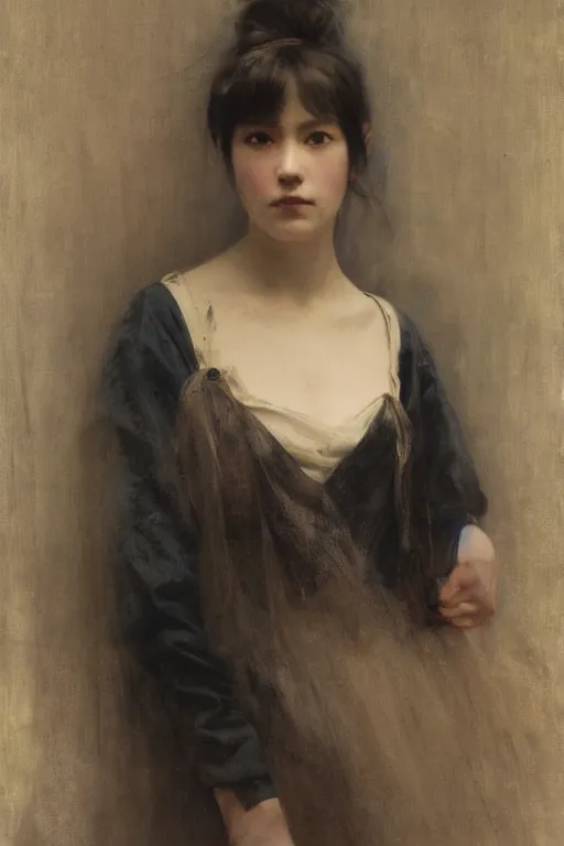 Image similar to Solomon Joseph Solomon and Richard Schmid and Jeremy Lipking victorian genre painting full length portrait painting of a young beautiful woman from japan