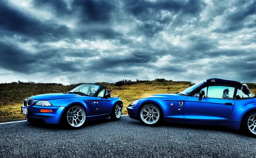 Prompt: “Beautiful Blue BMW Z3 driving fast on country road. Wheels rotating. Sunset background. Advertisement. Motion blur, high detail, zoomed in, fish eye lense. Artstation. Cinematic lighting.”