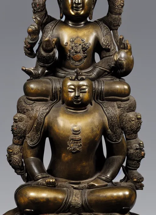 Image similar to photo of a magnificent gilt-bronze seated figure of bodhisattva, anthropomorphized asian black bear, head of an asian black bear with lots of fur detail, realistic bears head, Early Ming dynasty, late 14th-15th century, studio lighting