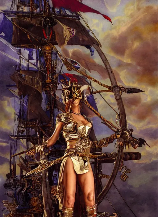 Prompt: dynamic! middle portrait of a biblical diabolical pirate female pharaoh, stylish cyborg armor, on a pirate ship, in clouds, strong studio lights, thunder, storm, sunset, by gerald brom, by mikhail vrubel, by peter elson, high contrast, muted colors, extreme detail, mirrors, trending on artstation, 8 k