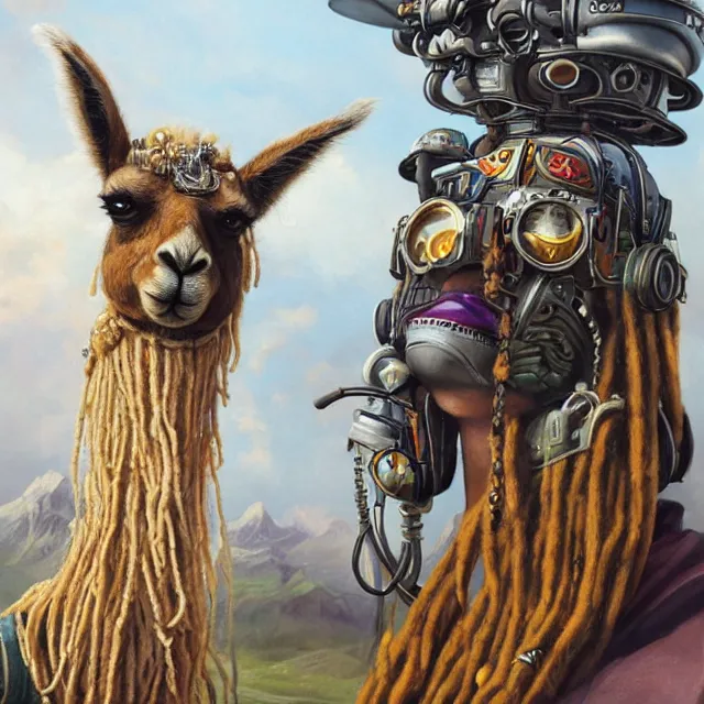 Image similar to llama with dreadlocks, industrial scifi, by mandy jurgens, ernst haeckel, artgerm, james jean