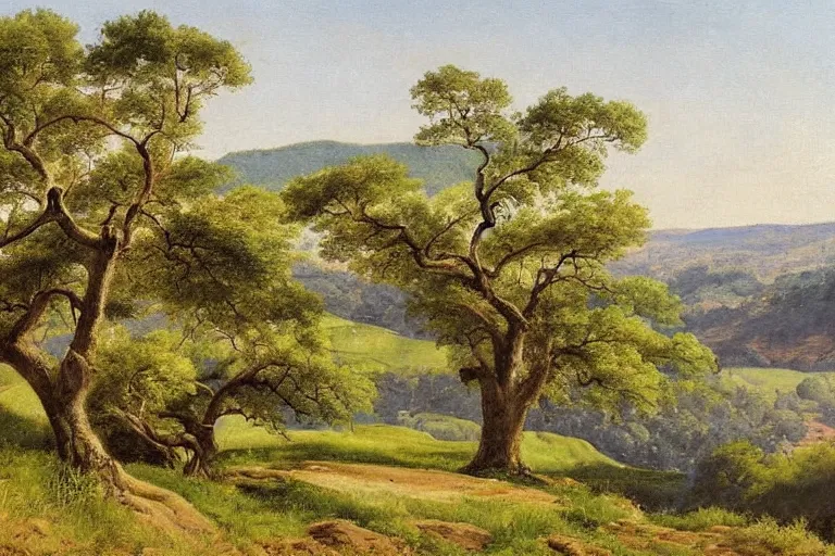 masterpiece painting of oak trees on a hillside | Stable Diffusion