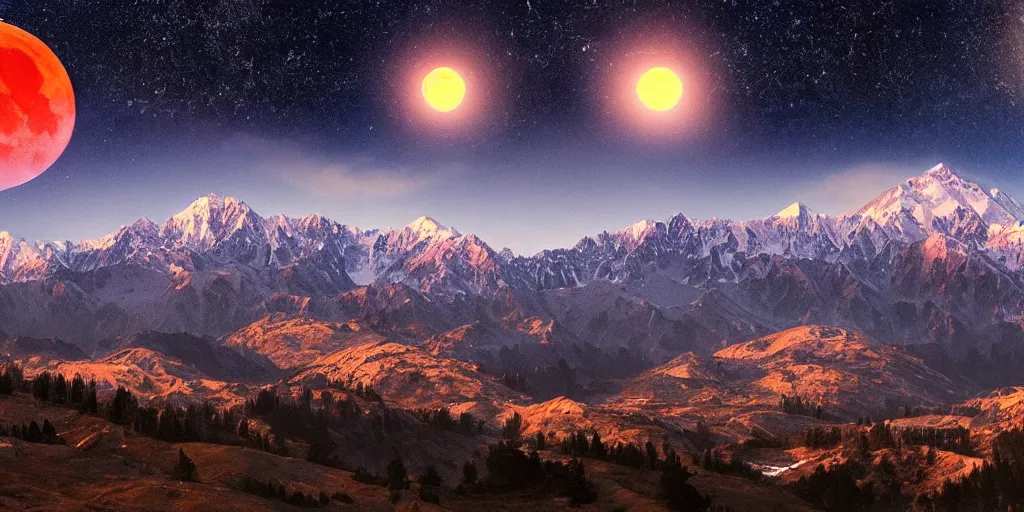 Prompt: 8k ultrarealistic Kashmir landscape with red moon and starry night in the background, icy mountains in the background