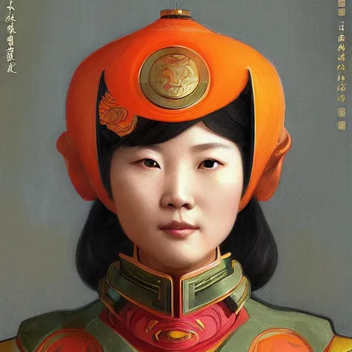 Image similar to portrait of a chinese woman in starfleet uniform, tiger, oranges, intricate, elegant, highly detailed, digital painting, artstation, concept art, smooth, sharp focus, illustration, art by artgerm and greg rutkowski and alphonse mucha and william - adolphe bouguereau