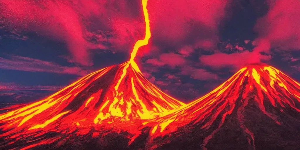 Image similar to a synthwave volcano eruption