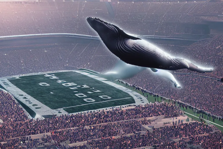 Image similar to ! dream a humpback whale flying in the air over an nfl football stadium ultra detailed realistic photograph cinematic lighting by jessica rossier