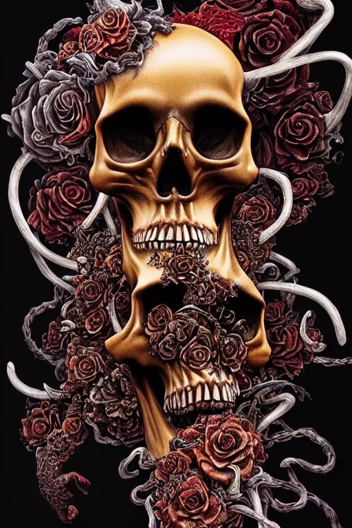 Prompt: magic smoke, black rose, skull grim reaper, kodachrome, 2 d, ray tracing global illumination, insanely detailed and intricate, hypermaximalist, elegant, ornate, hyper realistic, super detailed, by wangechi mutu