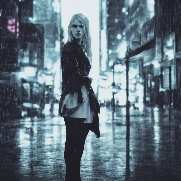 Image similar to cute annie leonhart in a neon city, beautiful face, pale skin, rule of thirds, cinematic lighting, rainy weather, melancholy atmosphere, sharp focus, backlit, model agency, instagram photo, shot on iphone 1 3 pro max, hyper realistic,