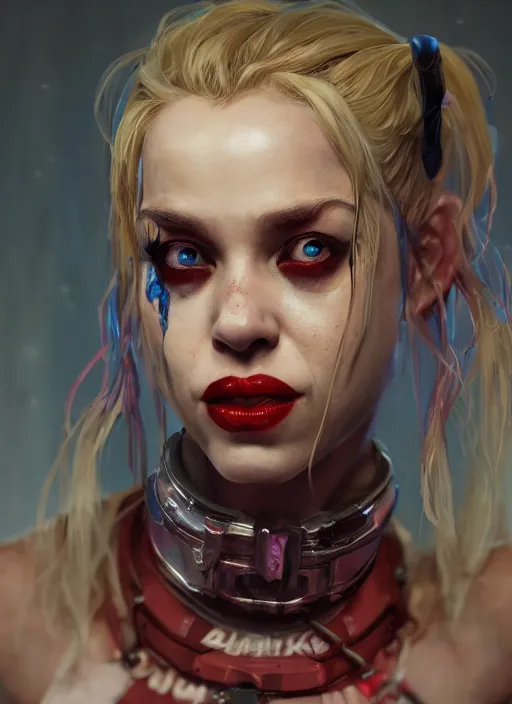 Image similar to biopunk portrait of harley quinn, au naturel, hyper detailed, digital art, trending in artstation, cinematic lighting, studio quality, smooth render, unreal engine 5 rendered, octane rendered, art style by klimt and nixeu and ian sprigger and wlop and krenz cushart